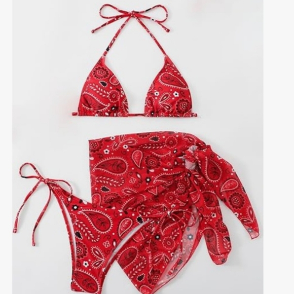 SHEIN Other - NWOT Red Paisley Print Halter Triangle Bathing Suit 3 Piece